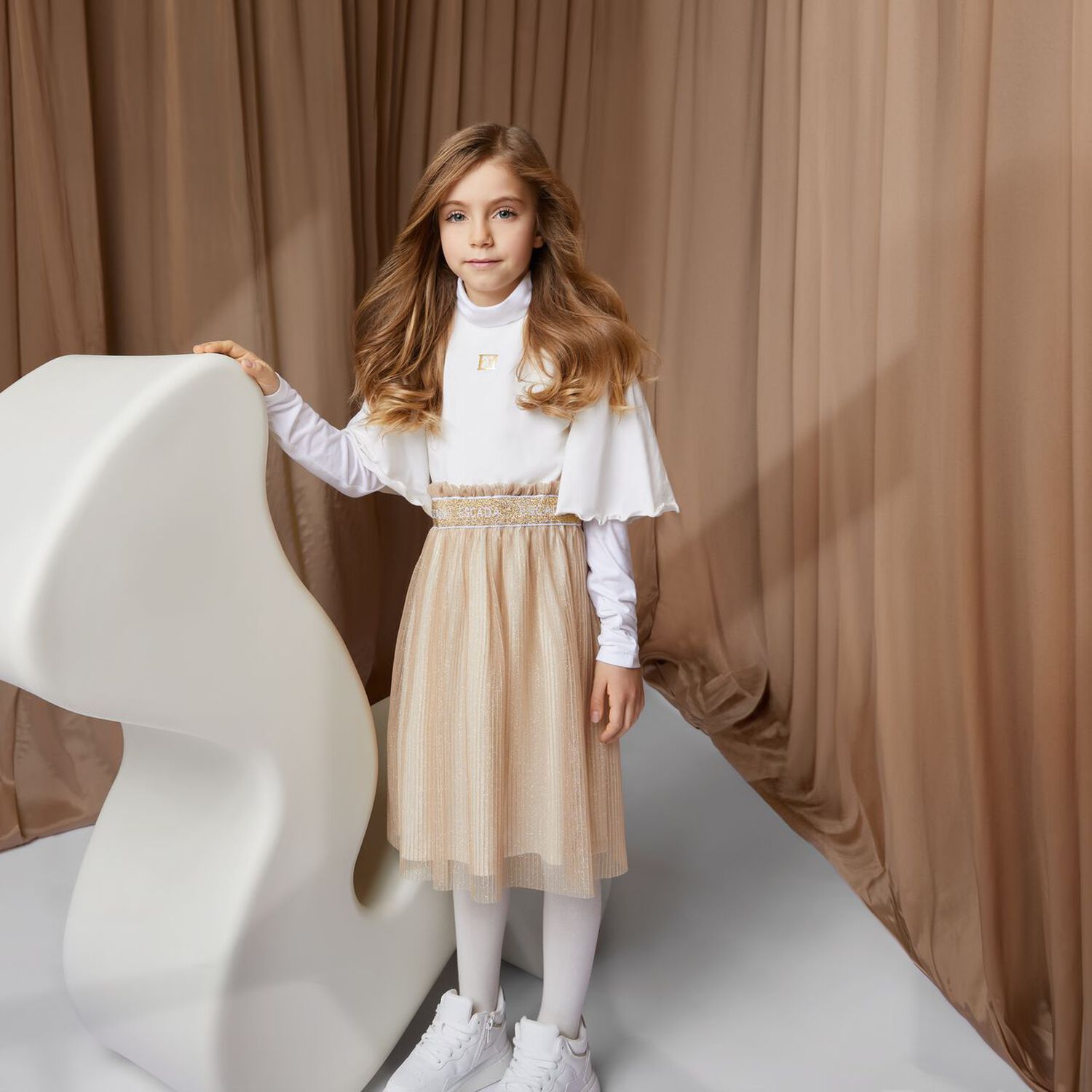 فستان بنات باللون الذهبي و العاجى , 1, hi-res