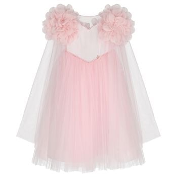 Girls Pink Organza Floral & Tulle Cape Dress