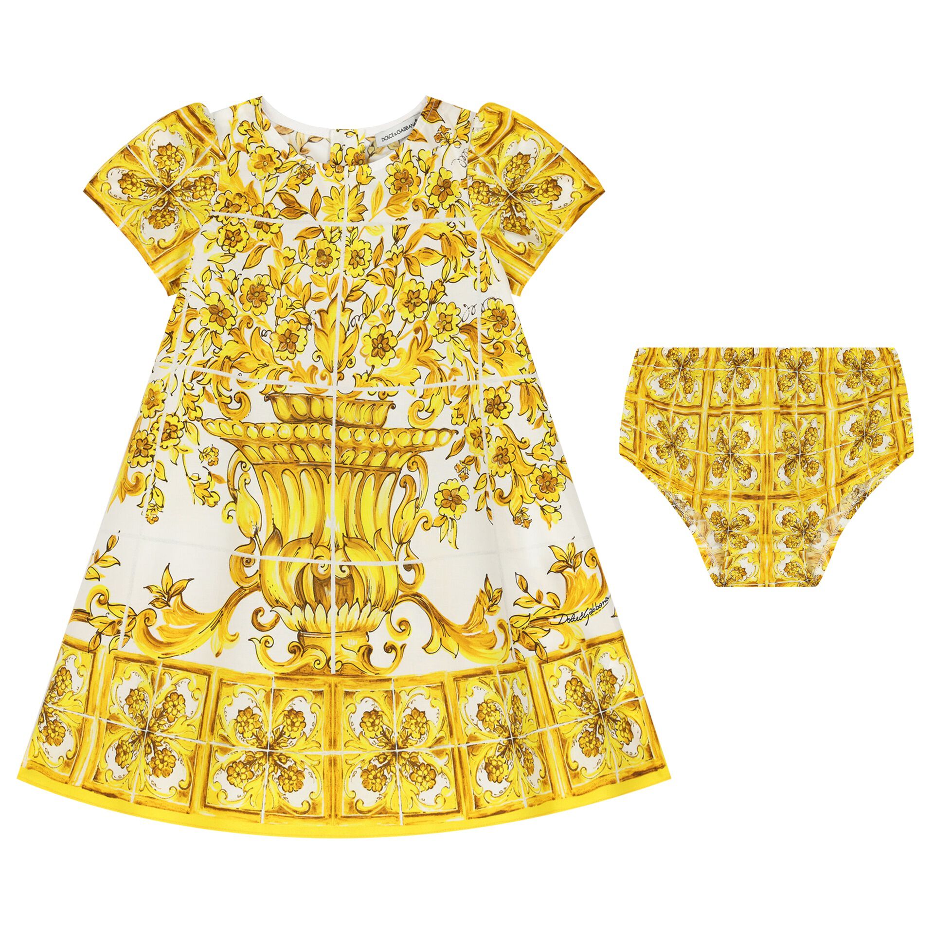 Dolce Gabbana Baby Girls White Yellow Majolica Dress Set Junior Couture UAE