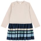 Girls Beige Striped Pleated Dress, 2, hi-res