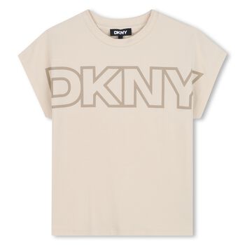 DKNY تيشيرت بنات بالشعار باللون البيج, 1 تيشيرت بنات بالشعار باللون البيج