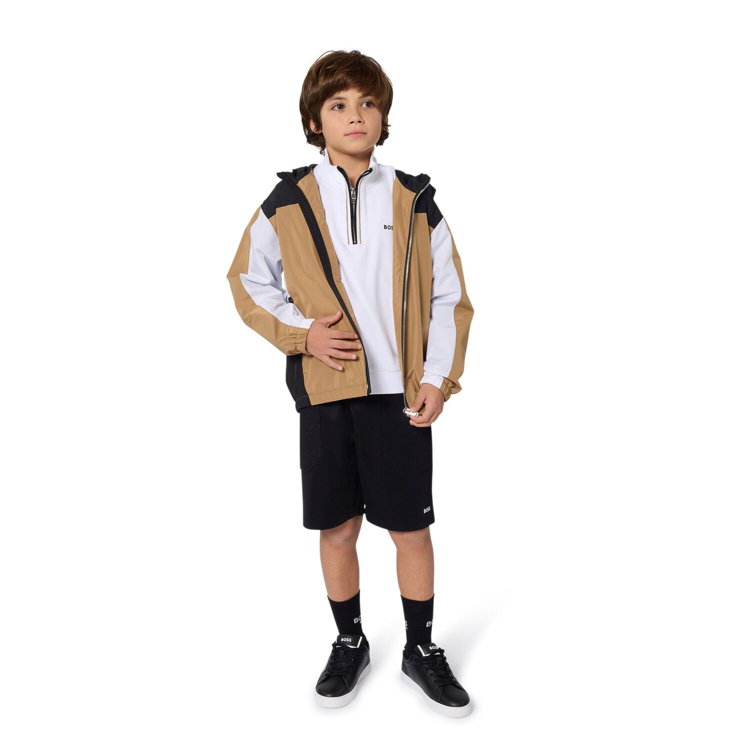 Boys Beige, Black & White Logo Windbreaker, 1, hi-res