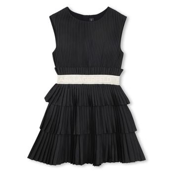 Girls Black Logo Pleated Satin Dress 