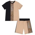 Boys Black & Beige Geo Map Shorts Set, 1, hi-res