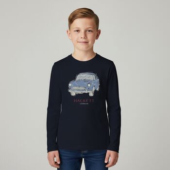Boys Navy Blue Vintage Car Logo Long Sleeve Top