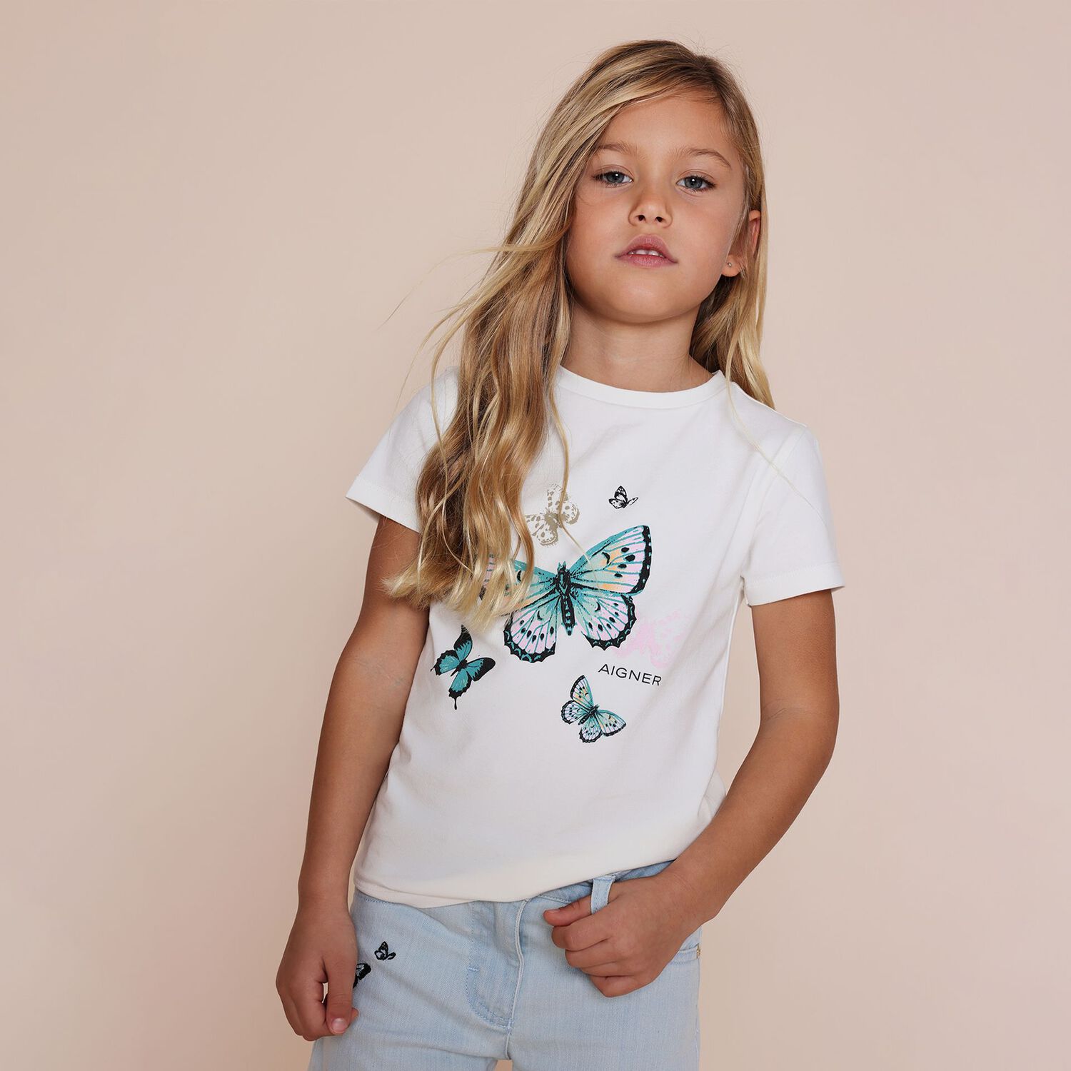 Girls Ivory Butterflies Logo T-Shirt, 1, hi-res
