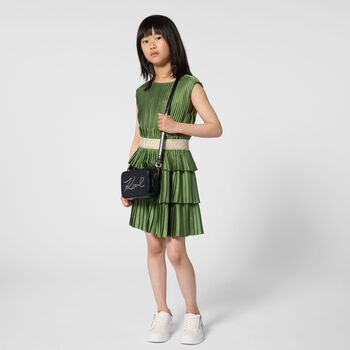 Girls Green Logo Pleated Satin Dress 