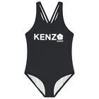 بدلة سباحة بالشعار باللون الأسود للبنات, 1, hi-res