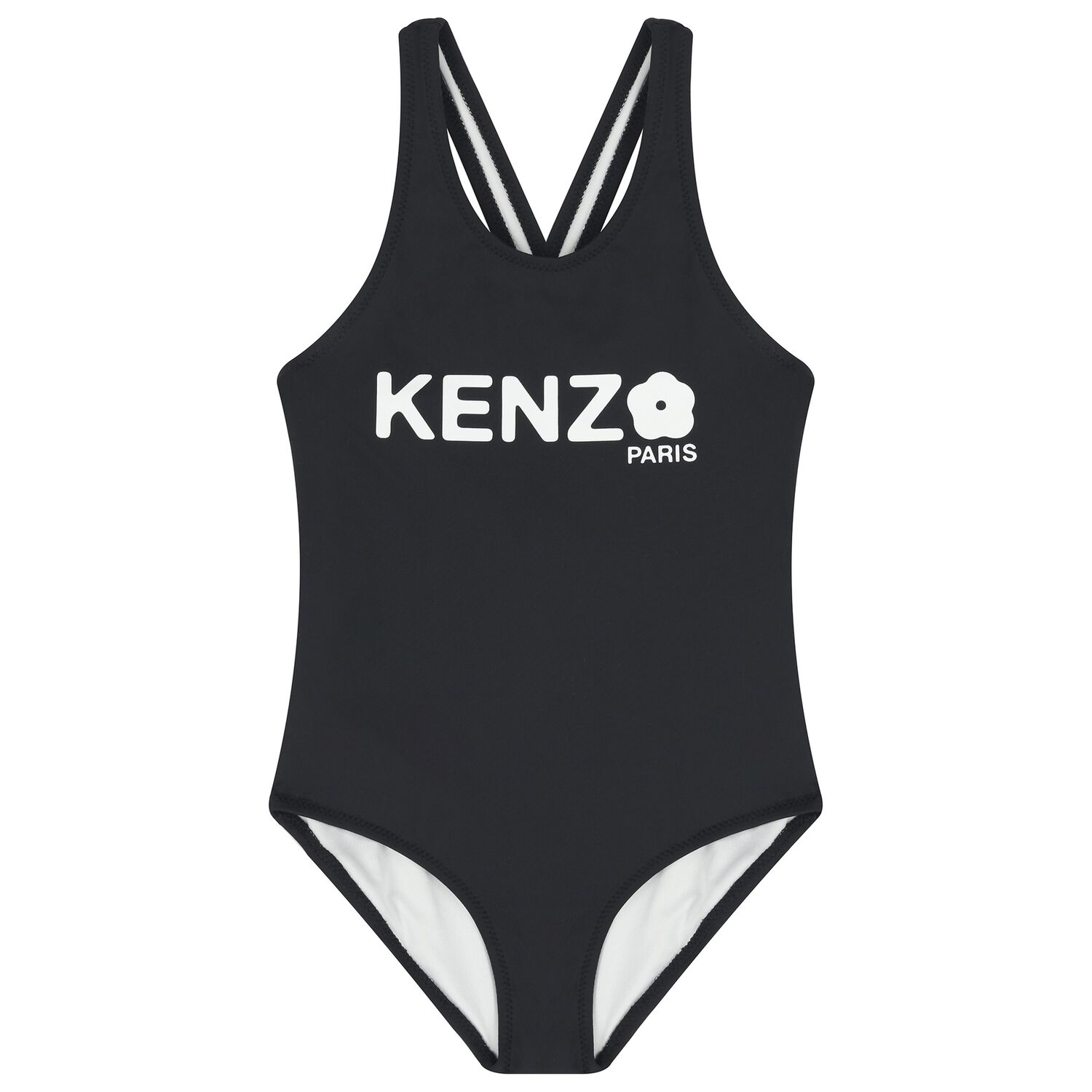 بدلة سباحة بالشعار باللون الأسود للبنات, 1, hi-res