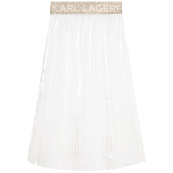 Girls White Pleated Logo Skirt