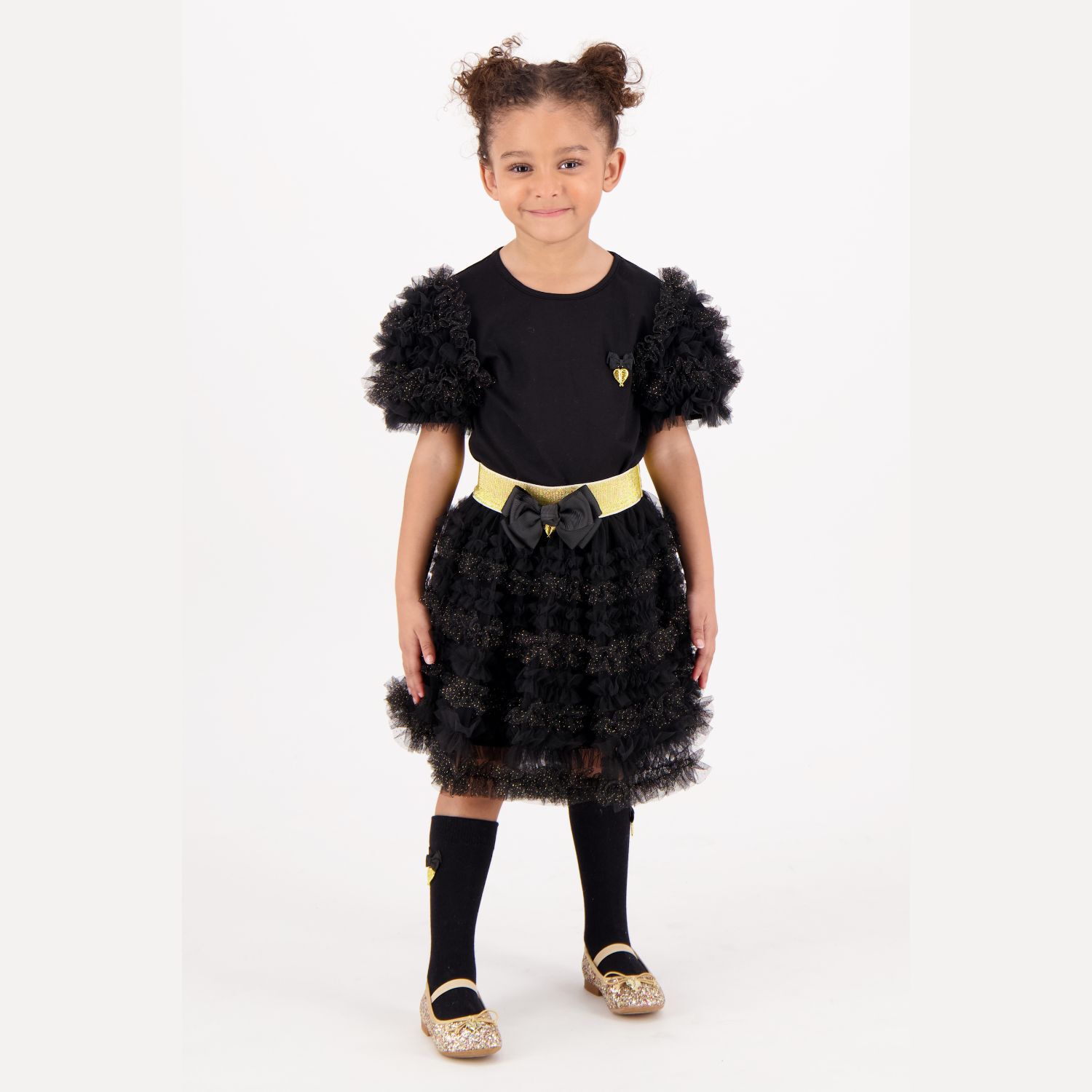 Girls Black Tulle Sleeve T-Shirt, 1, hi-res