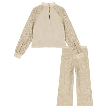 Girls Beige Embellished Trouser Set