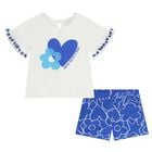 Girls White & Blue Flower & Heart Shorts Set, 1, hi-res