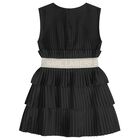 Girls Black Logo Pleated Satin Dress , 1, hi-res