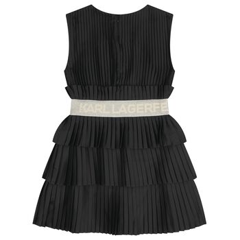 Girls Black Logo Pleated Satin Dress 