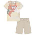 Boys Beige Logo Shorts Set, 1, hi-res