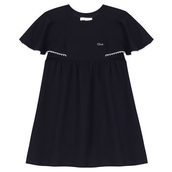 Girls Navy Logo Ruffle Sleeve Dress