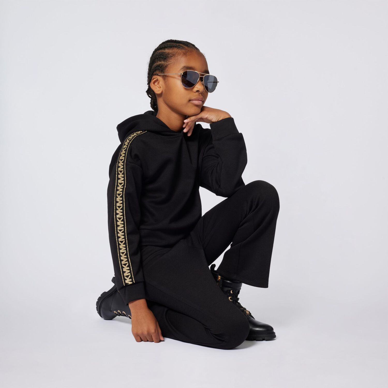 Girls Black Logo Hooded Top, 1, hi-res