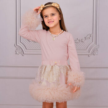 Girls Pink Tulle Cuffs Long Sleeve Top