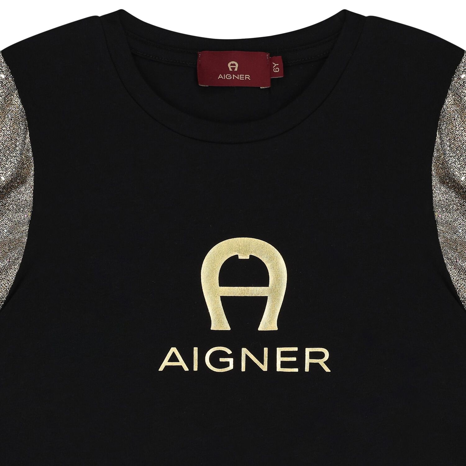 فستان بنات بالشعار باللون الأسود والذهبي, 1, hi-res