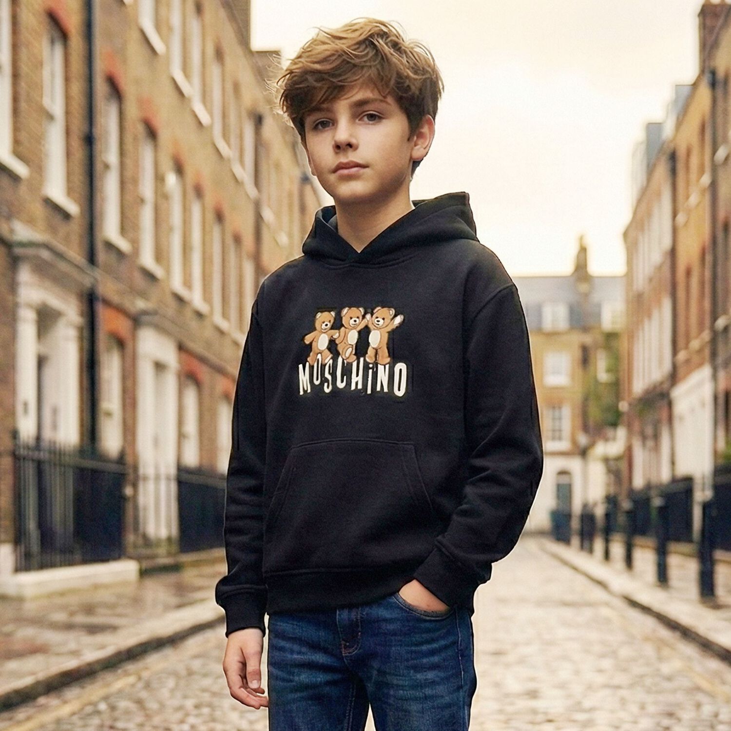 Black Teddy Bear Logo Hooded Top, 2, hi-res