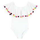 Girls White Pom-Pom Swimsuit, 1, hi-res