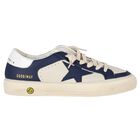 Boys Ivory & Blue Logo Leather Trainers, 1, hi-res
