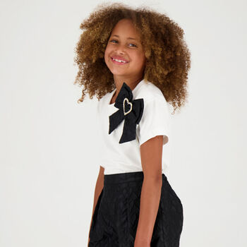Girls White Jacquard Heart Bow T-Shirt