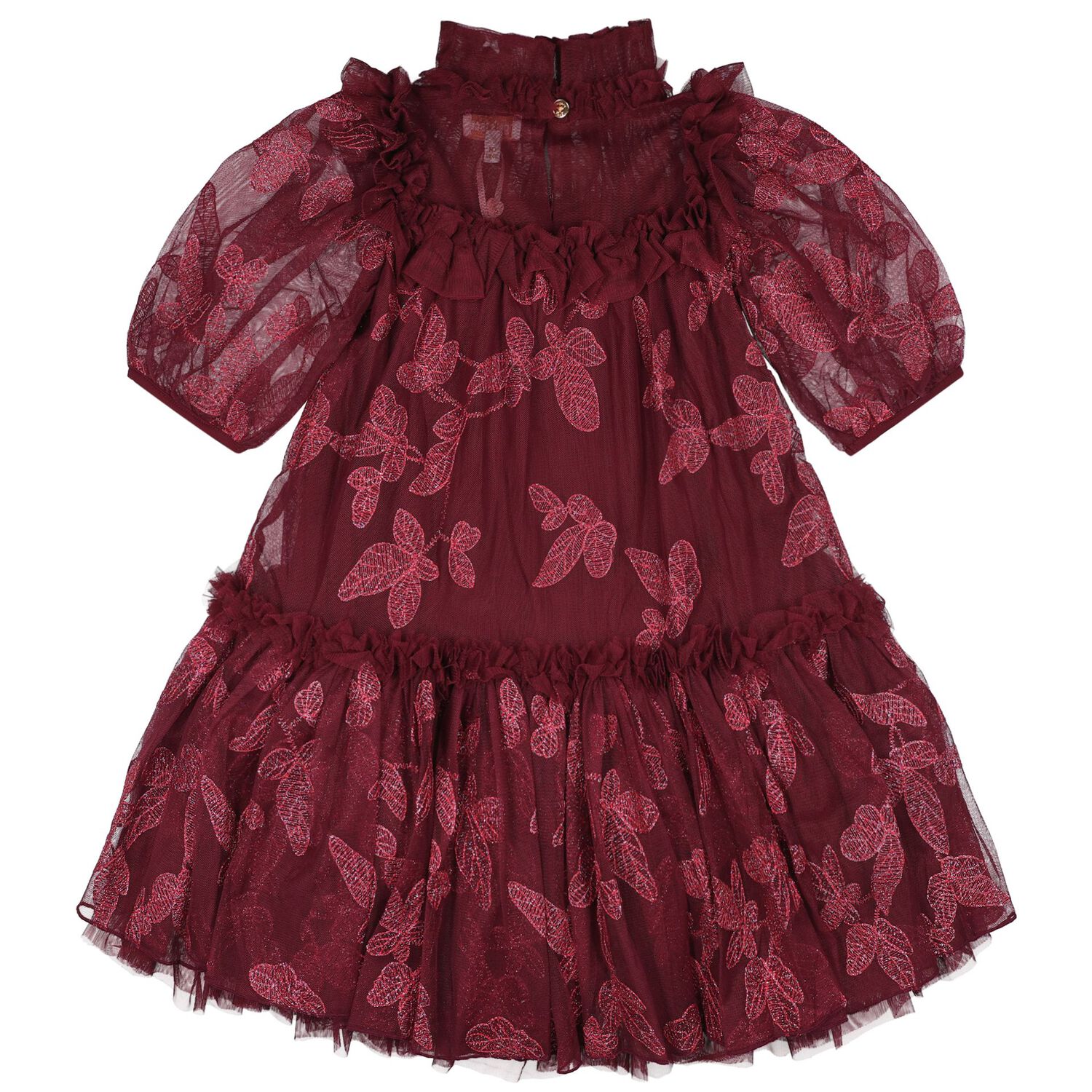 Girls Burgundy Leaf Embroidery Tulle Myrtisa Dress, 3, hi-res