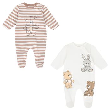 Brown & White Cotton Teddy Bear Babygrows ( 2-Pack )