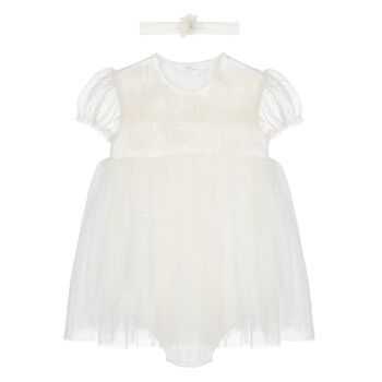 طقم فستان بودي سوت  ورابطة رأس  باللون الأبيض للبنات