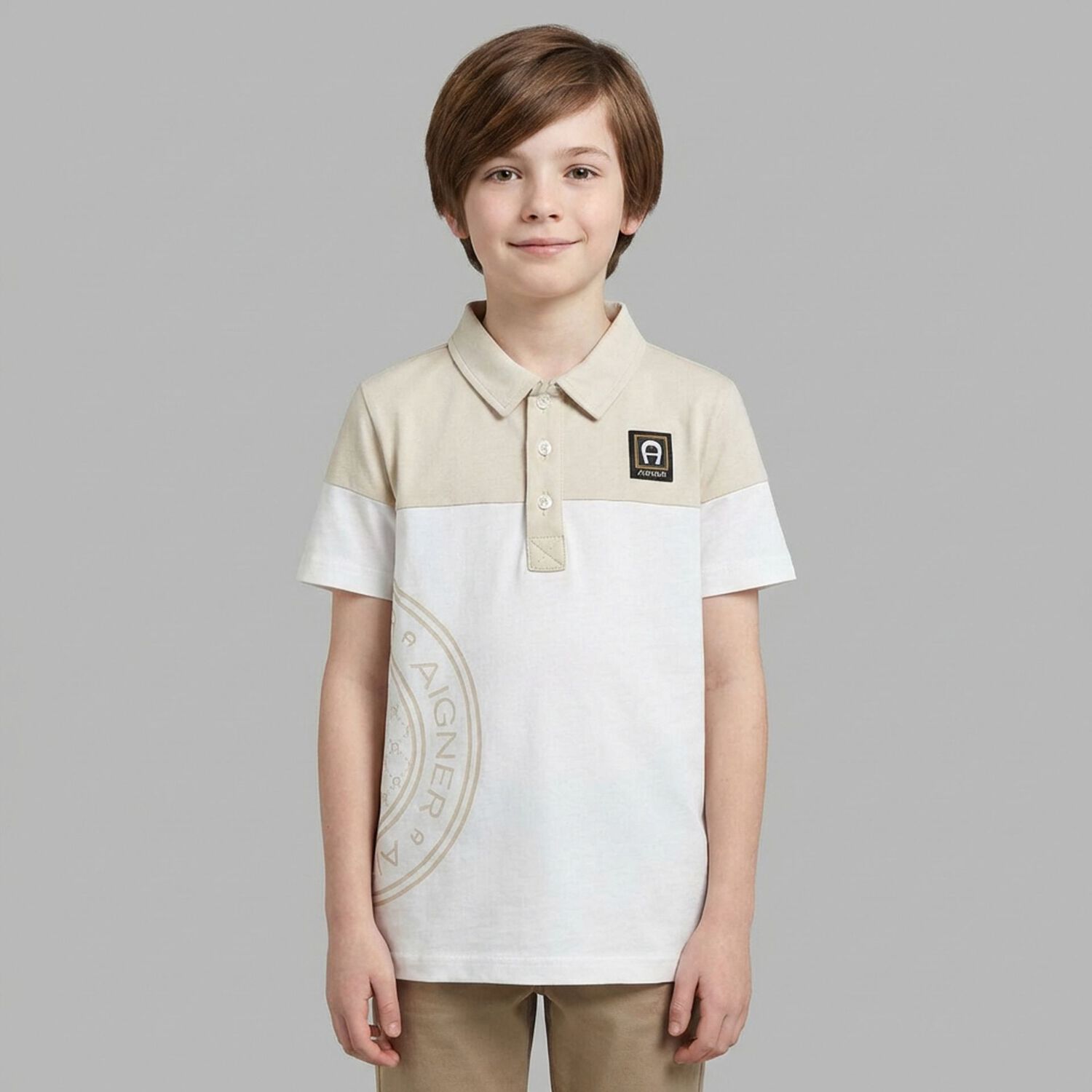 Boys White & Beige Logo Polo Shirt , 1, hi-res