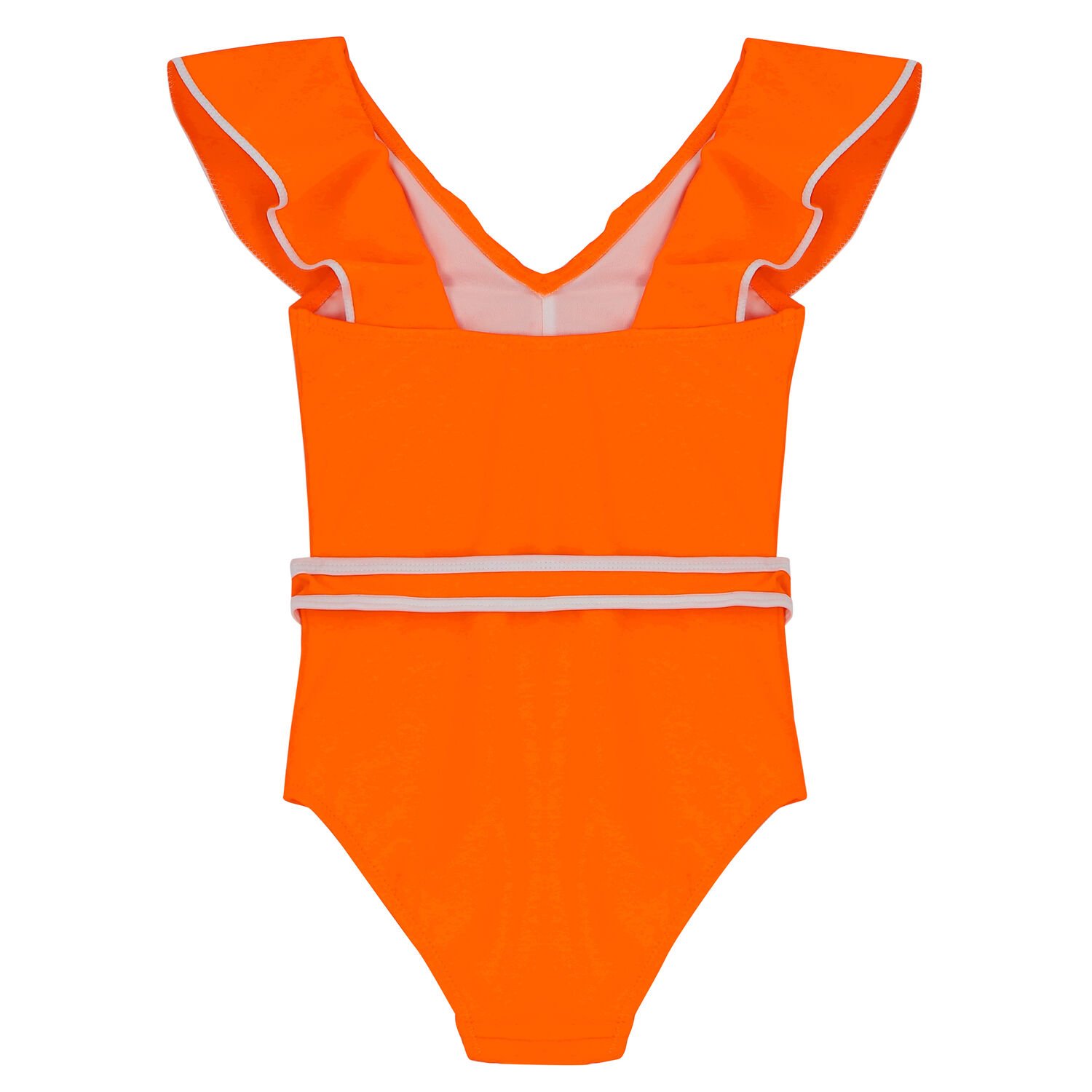 Girls Orange & White Frill Swimsuit, 1, hi-res