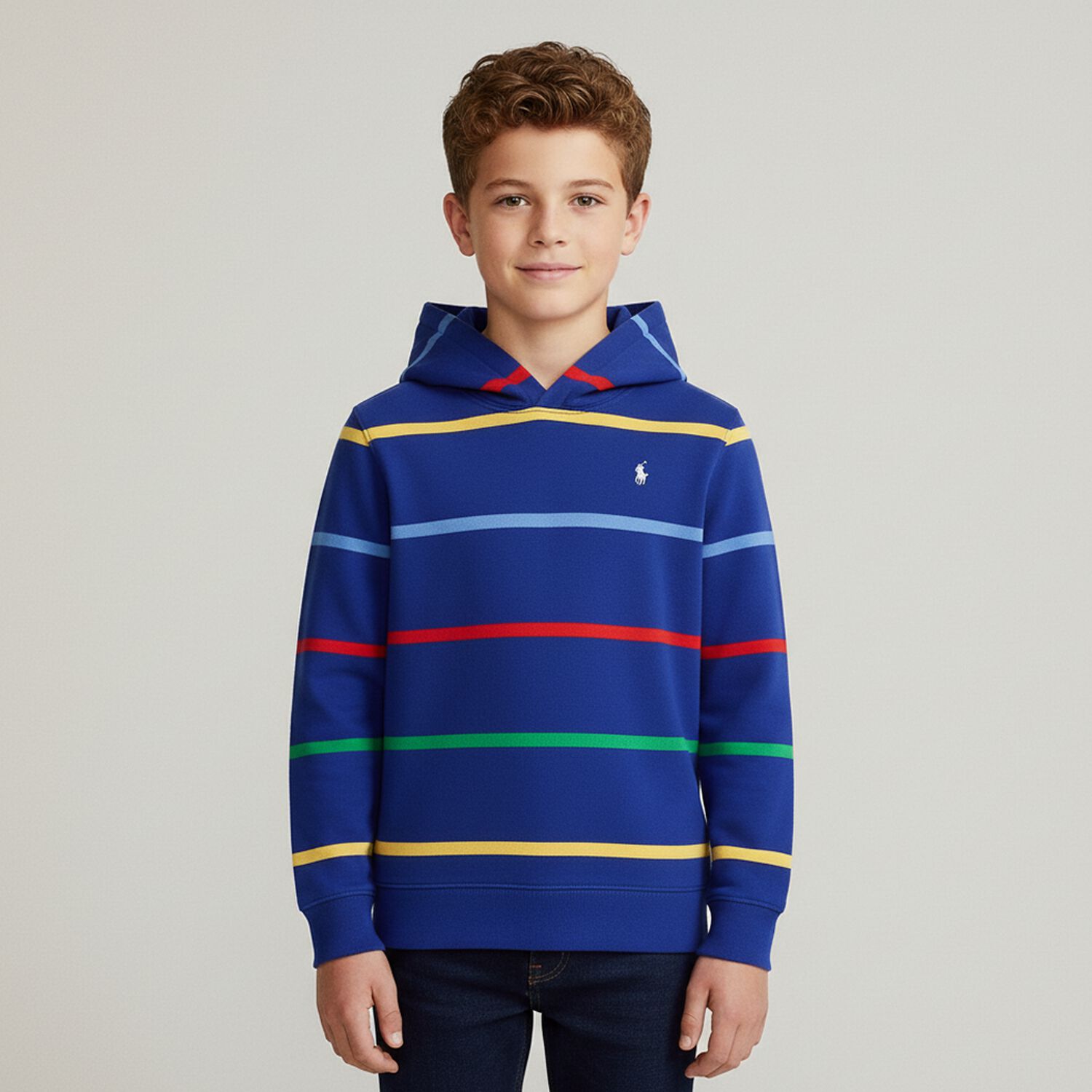 Boys Blue Logo Striped Hooded Top, 1, hi-res