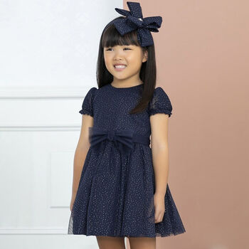 Girls Navy Blue & Gold Glitter Tulle Dress