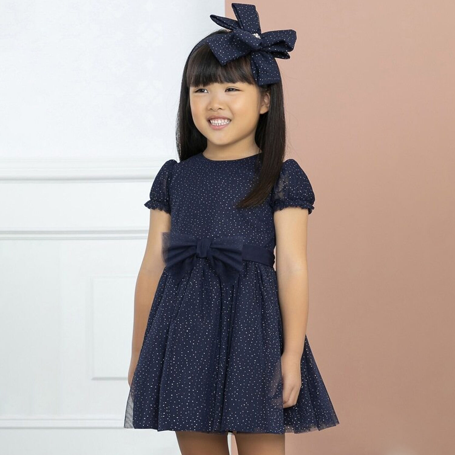 Girls Navy Blue & Gold Glitter Tulle Dress, 1, hi-res image number null