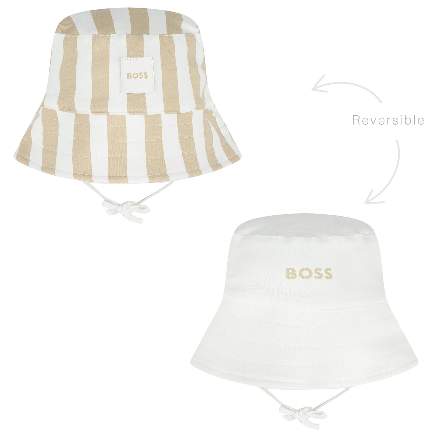Baby Boys Beige & White Striped Logo Reversible Hat, 2, hi-res