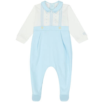 Baby Boys Blue & White Embroidered Babygrow
