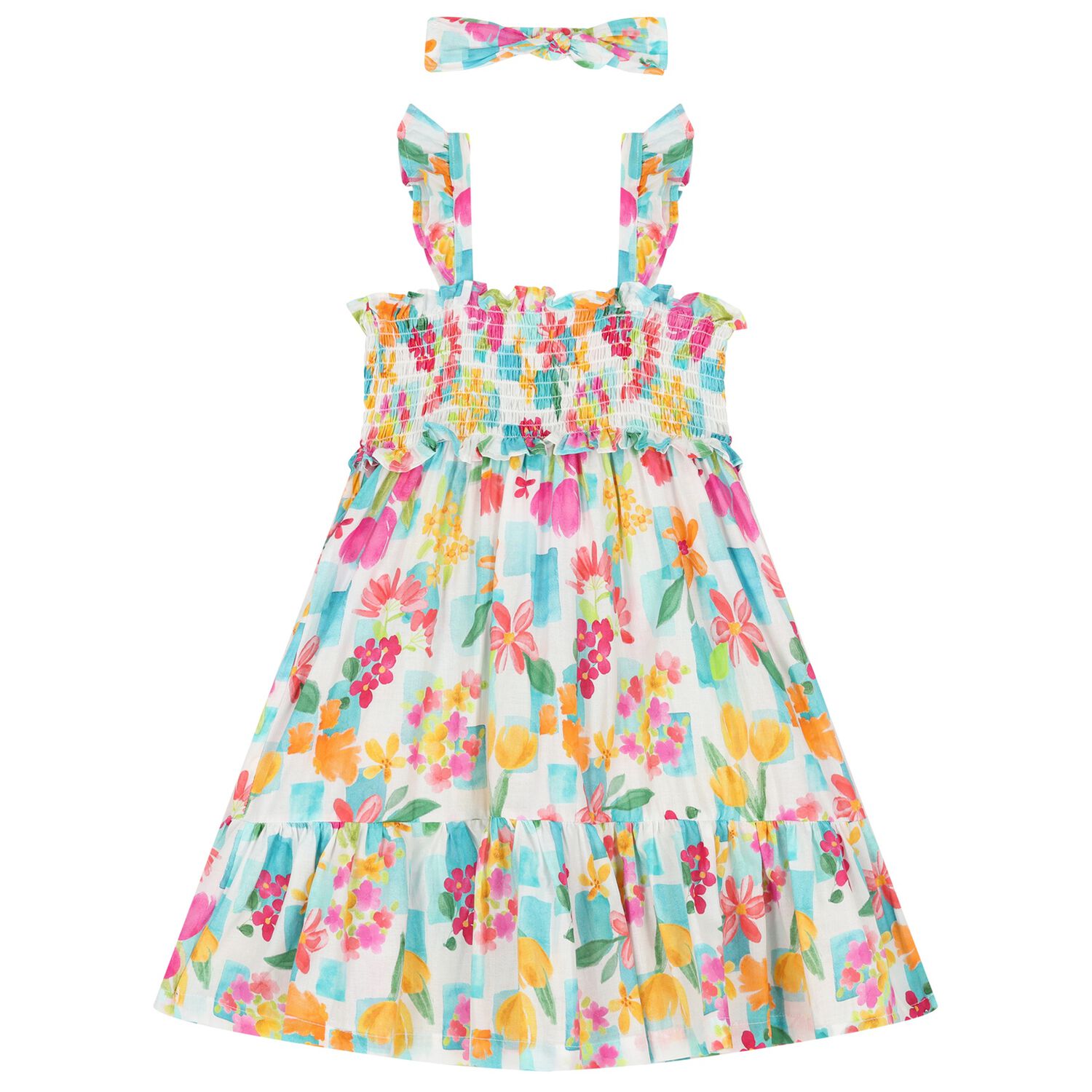 Girls White, Blue & Pink Floral Dress Set, 3, hi-res image number null