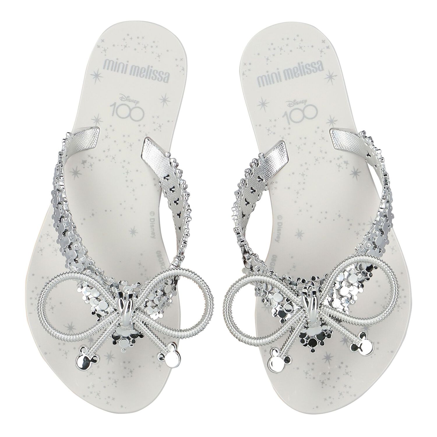 Girls Ivory & Silver Bow Flip Flops, 1, hi-res image number null