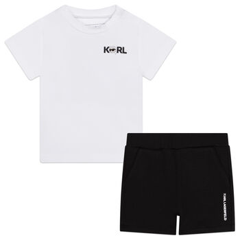 Younger Boys White & Black Logo Shorts Set