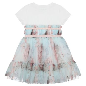 Girls White & Green Logo Tulle Dress