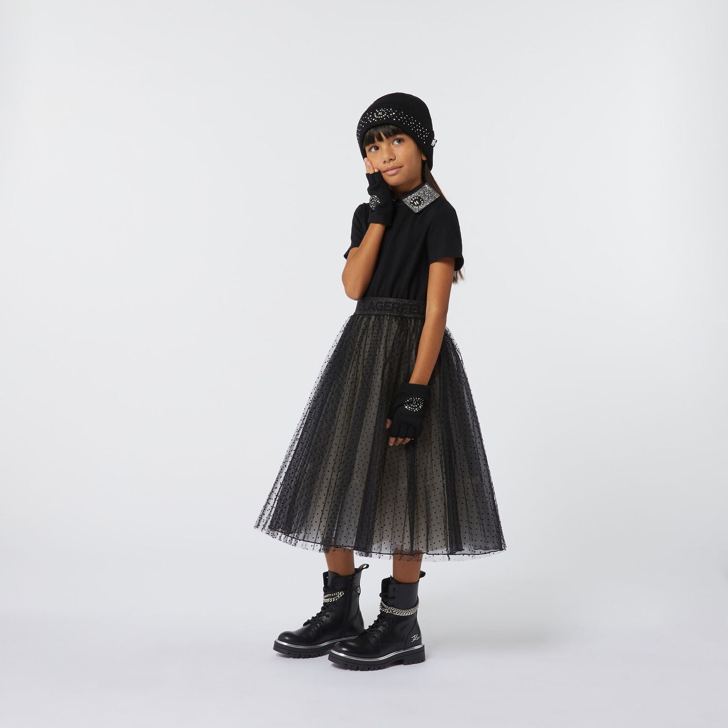 Girls Black Crystal Logo Tulle Dress, 1, hi-res image number null