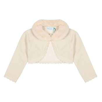 سترة كارديغان بياقة من الفرو الصناعي بلون بيج للبنات 