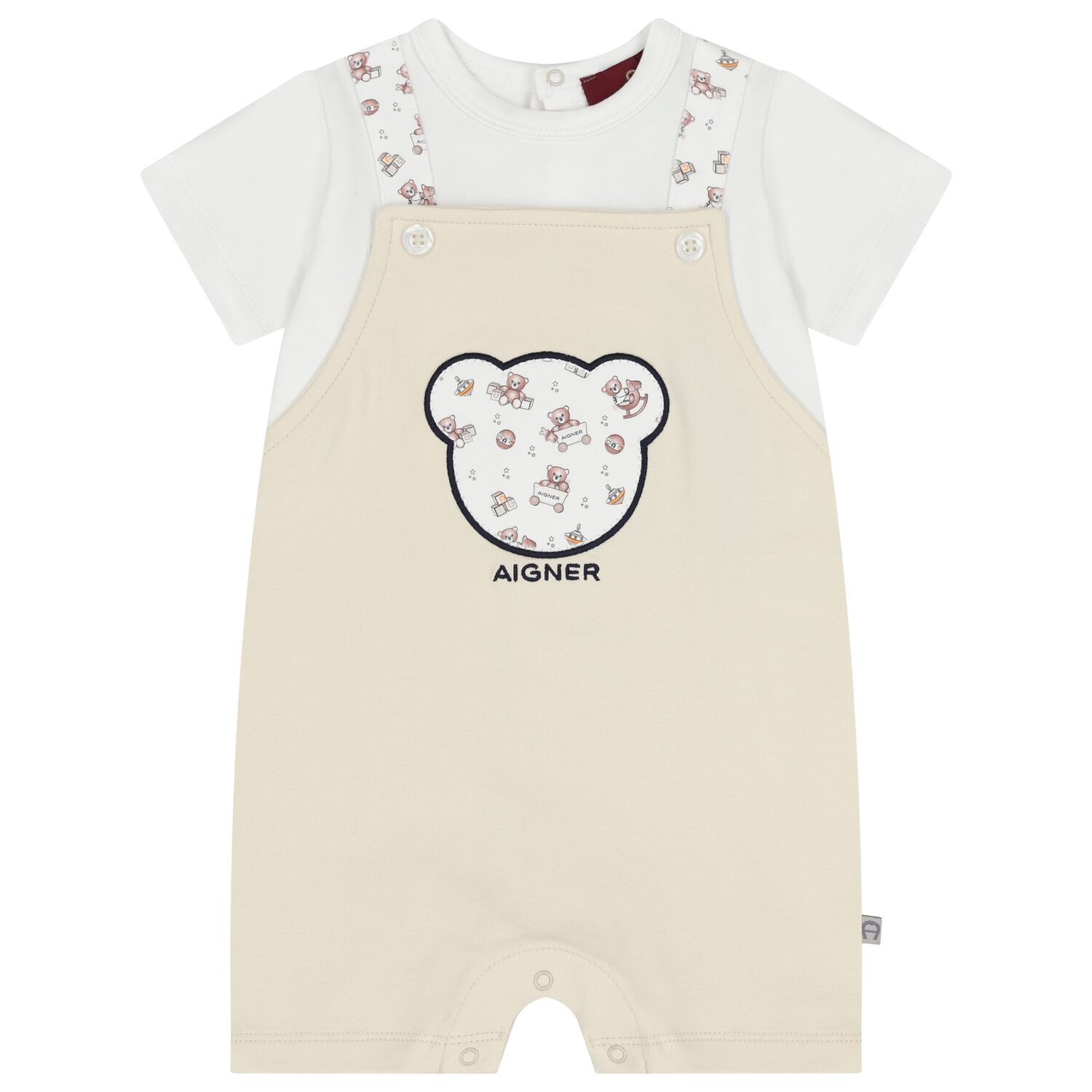 Baby Boys White & Beige Teddy Bear Romper, 1, hi-res