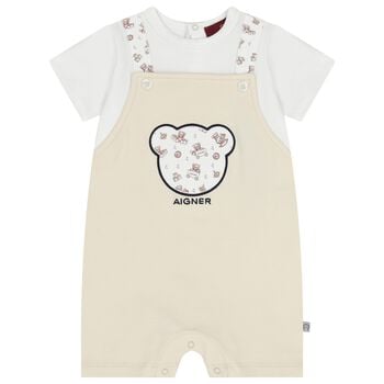 Baby Boys White & Beige Teddy Bear Romper