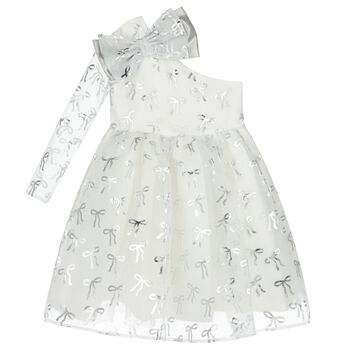 Girls White & Silver Bow Dress