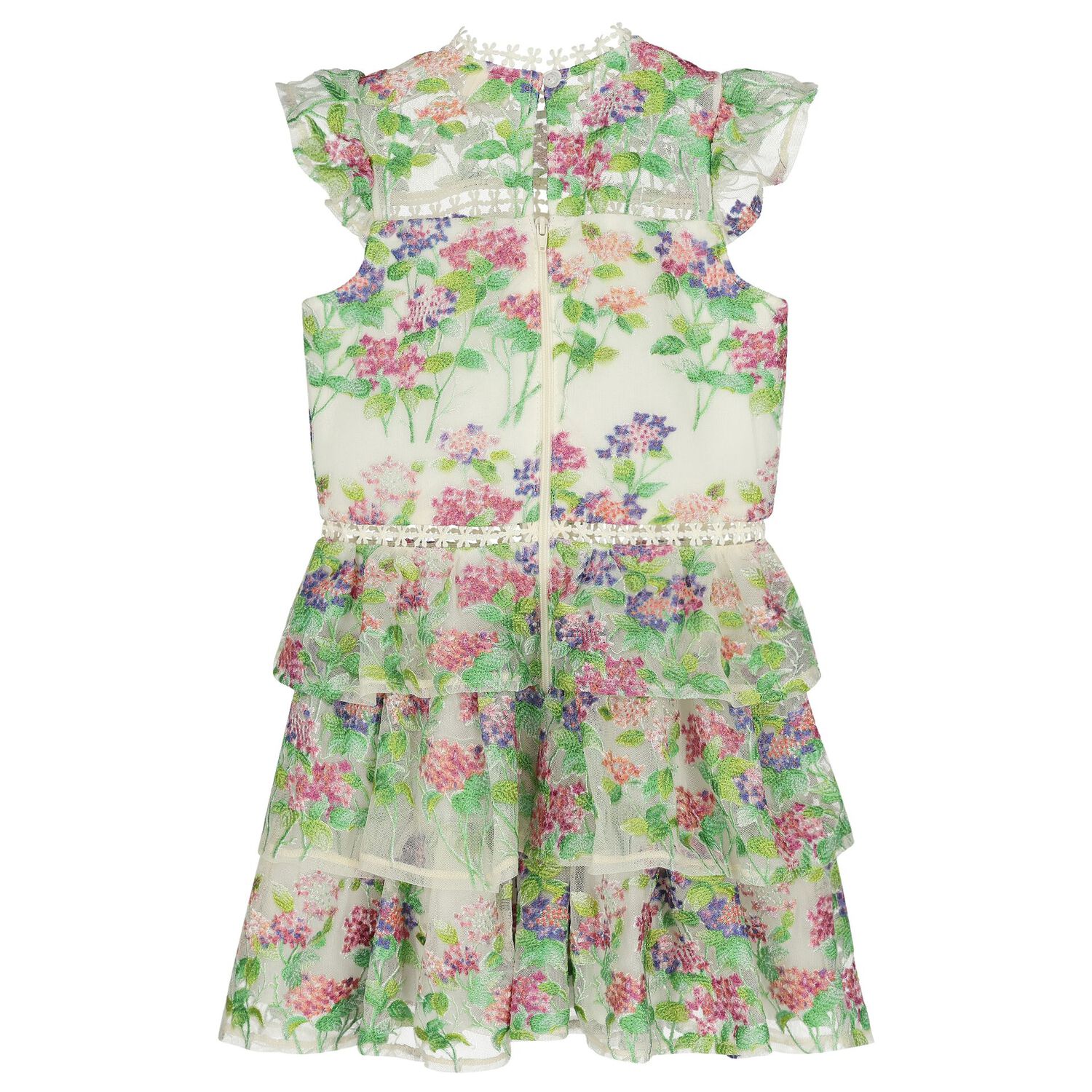 Girls Ivory & Green Embroidered Floral Dress, 1, hi-res