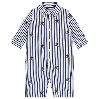 Baby Boys White & Blue Polo Bear Striped Romper