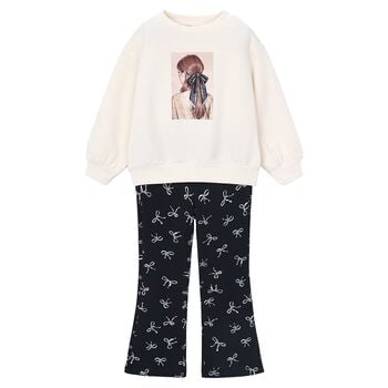 Girls Ivory & Black Bow Leggings Set